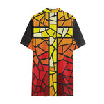 Orange And Red Stained Glass Cross Print Cotton Hawaiian Shirt