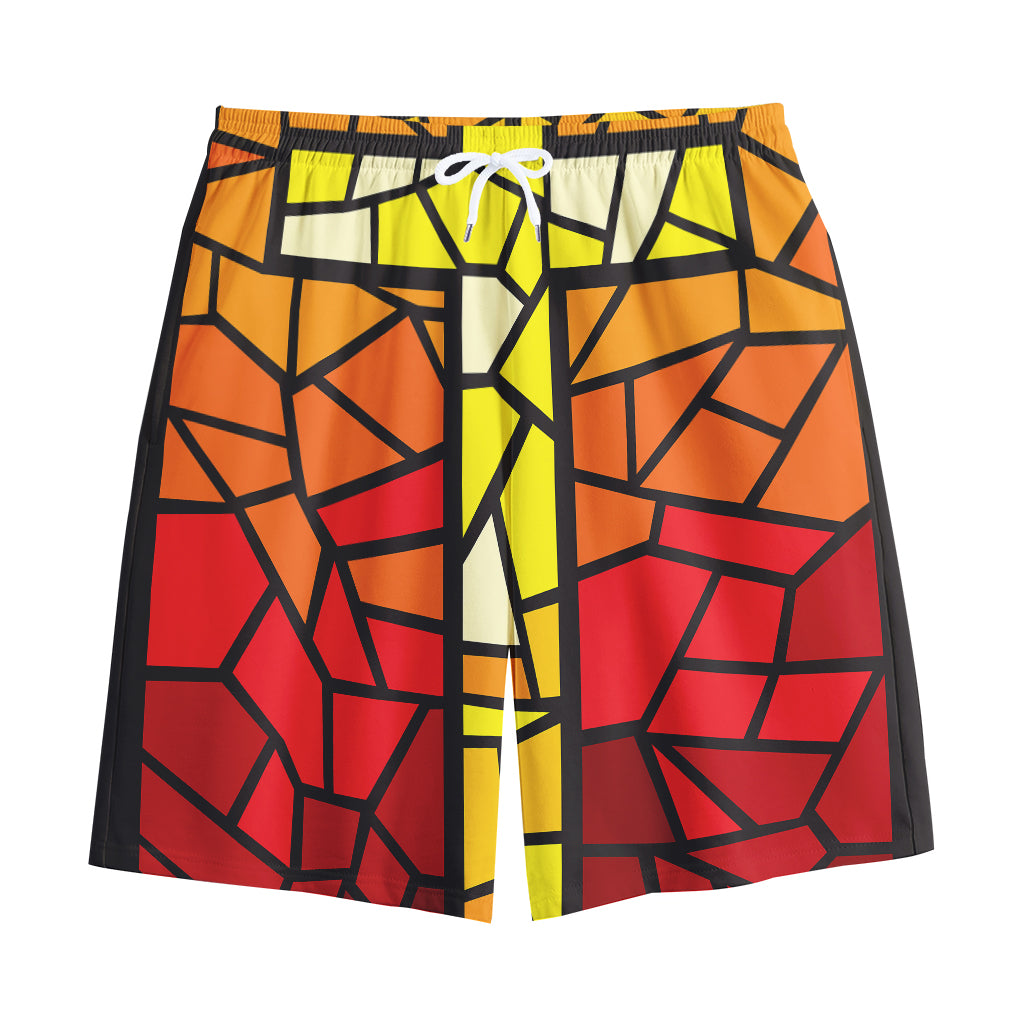 Orange And Red Stained Glass Cross Print Cotton Shorts