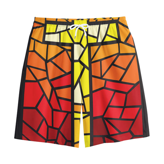 Orange And Red Stained Glass Cross Print Cotton Shorts