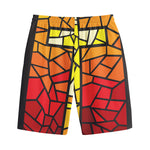 Orange And Red Stained Glass Cross Print Cotton Shorts