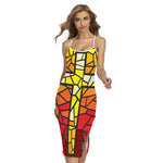 Orange And Red Stained Glass Cross Print Cross Back Cami Dress