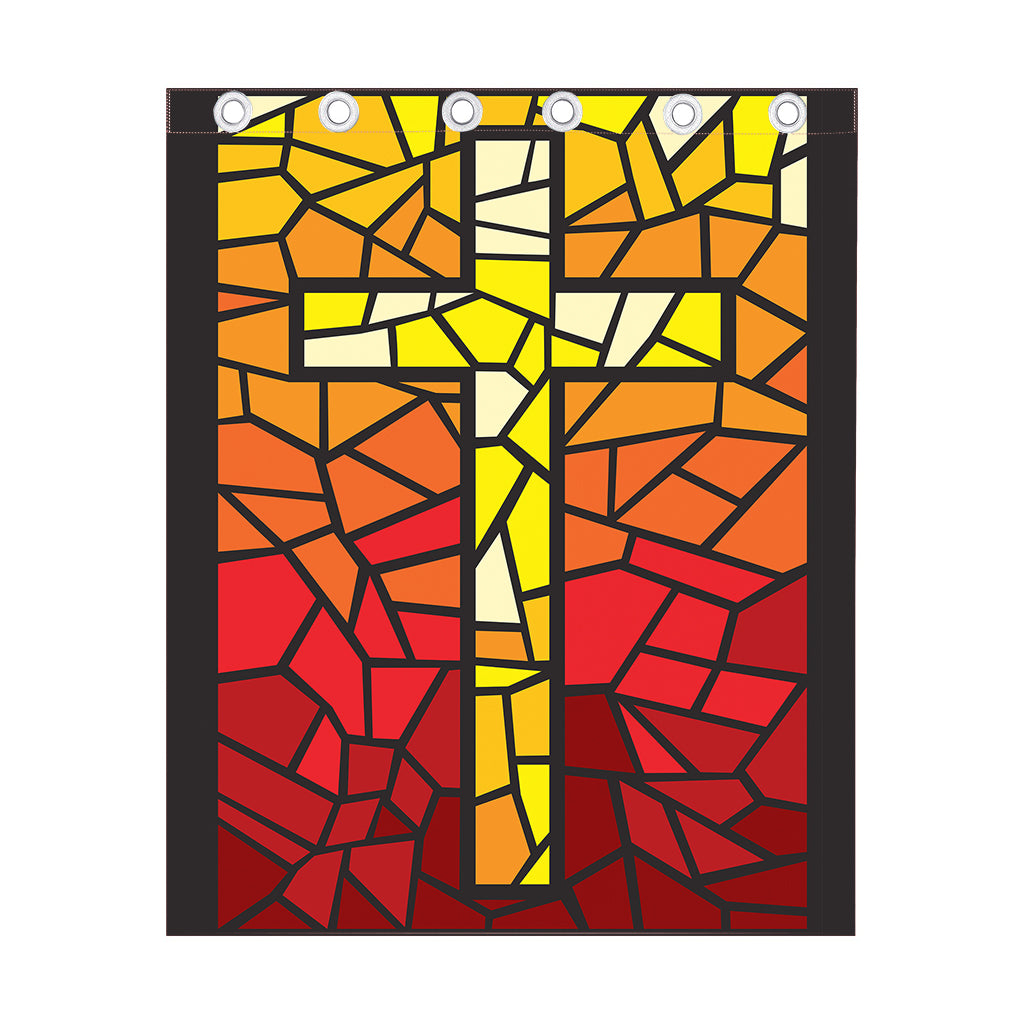 Orange And Red Stained Glass Cross Print Curtain