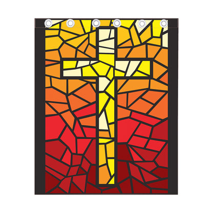 Orange And Red Stained Glass Cross Print Curtain