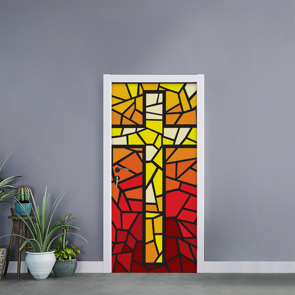 Orange And Red Stained Glass Cross Print Door Sticker