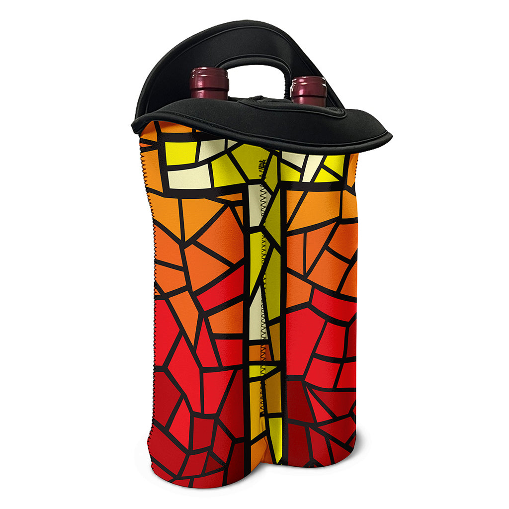 Orange And Red Stained Glass Cross Print Double Neoprene Wine Tote