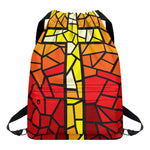 Orange And Red Stained Glass Cross Print Drawstring Backpack