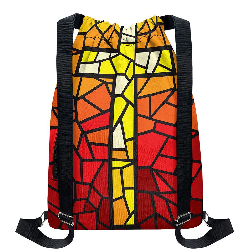 Orange And Red Stained Glass Cross Print Drawstring Backpack