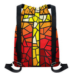 Orange And Red Stained Glass Cross Print Drawstring Backpack