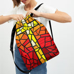 Orange And Red Stained Glass Cross Print Drawstring Backpack