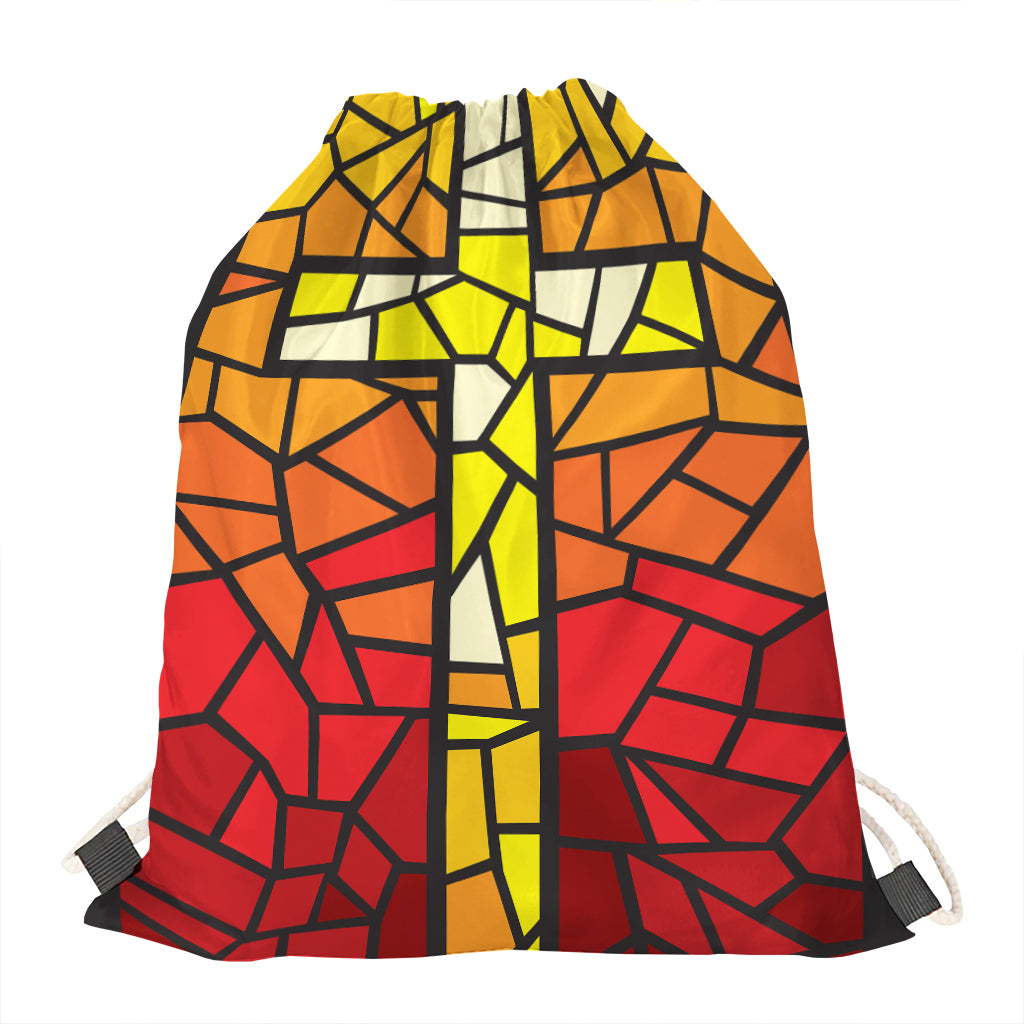 Orange And Red Stained Glass Cross Print Drawstring Bag