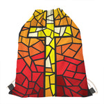 Orange And Red Stained Glass Cross Print Drawstring Bag