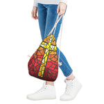 Orange And Red Stained Glass Cross Print Drawstring Bag