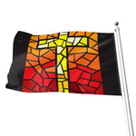 Orange And Red Stained Glass Cross Print Flag