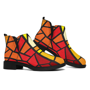 Orange And Red Stained Glass Cross Print Flat Ankle Boots