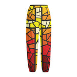 Orange And Red Stained Glass Cross Print Fleece Lined Knit Pants