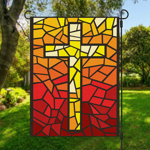 Orange And Red Stained Glass Cross Print Garden Flag