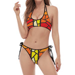 Orange And Red Stained Glass Cross Print Halter Scoop Tie Side Bikini