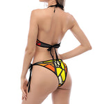 Orange And Red Stained Glass Cross Print Halter Scoop Tie Side Bikini