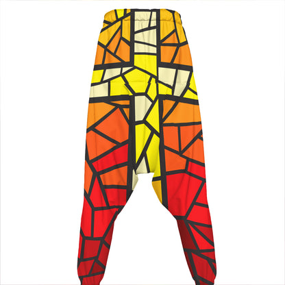 Orange And Red Stained Glass Cross Print Hammer Pants