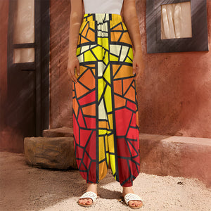 Orange And Red Stained Glass Cross Print Harem Pants