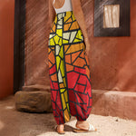 Orange And Red Stained Glass Cross Print Harem Pants