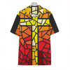 Orange And Red Stained Glass Cross Print Hawaiian Shirt