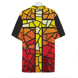 Orange And Red Stained Glass Cross Print Hawaiian Shirt