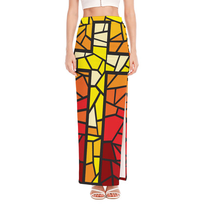 Orange And Red Stained Glass Cross Print High Slit Maxi Skirt