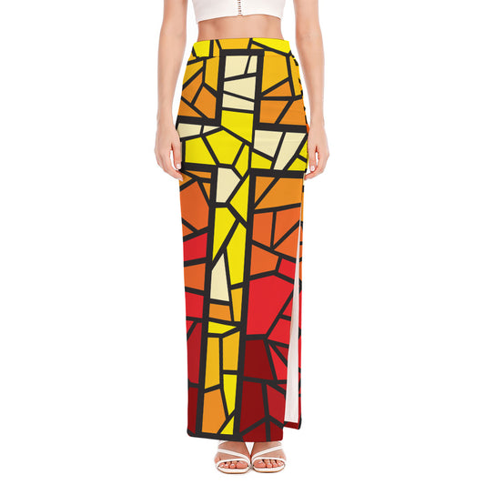 Orange And Red Stained Glass Cross Print High Slit Maxi Skirt