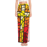 Orange And Red Stained Glass Cross Print High Slit Maxi Skirt