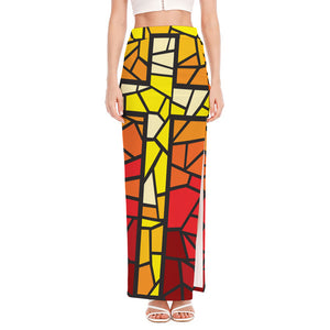 Orange And Red Stained Glass Cross Print High Slit Maxi Skirt