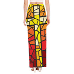 Orange And Red Stained Glass Cross Print High Slit Maxi Skirt