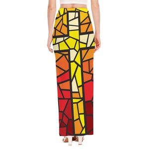 Orange And Red Stained Glass Cross Print High Slit Maxi Skirt