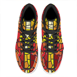 Orange And Red Stained Glass Cross Print High Top Leather Sneakers