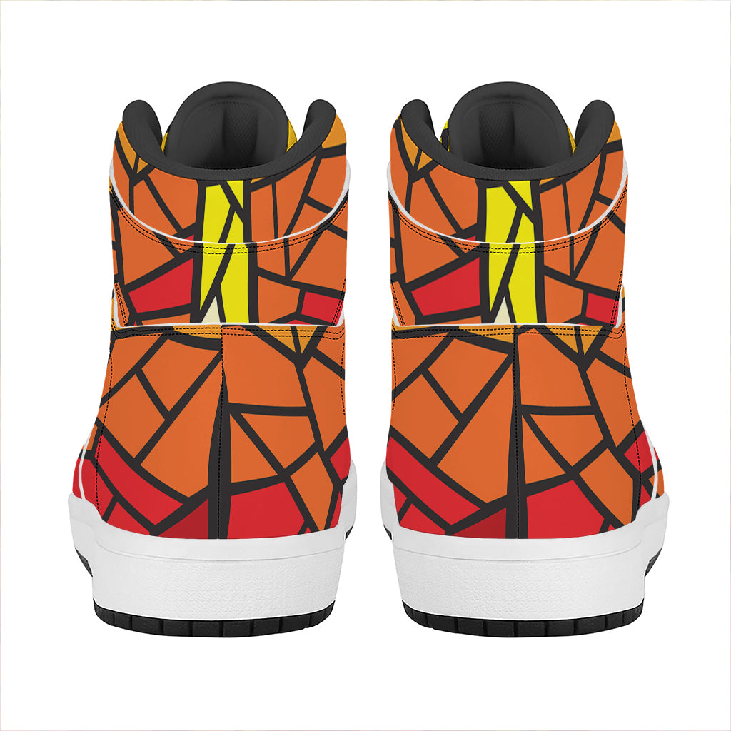 Orange And Red Stained Glass Cross Print High Top Leather Sneakers