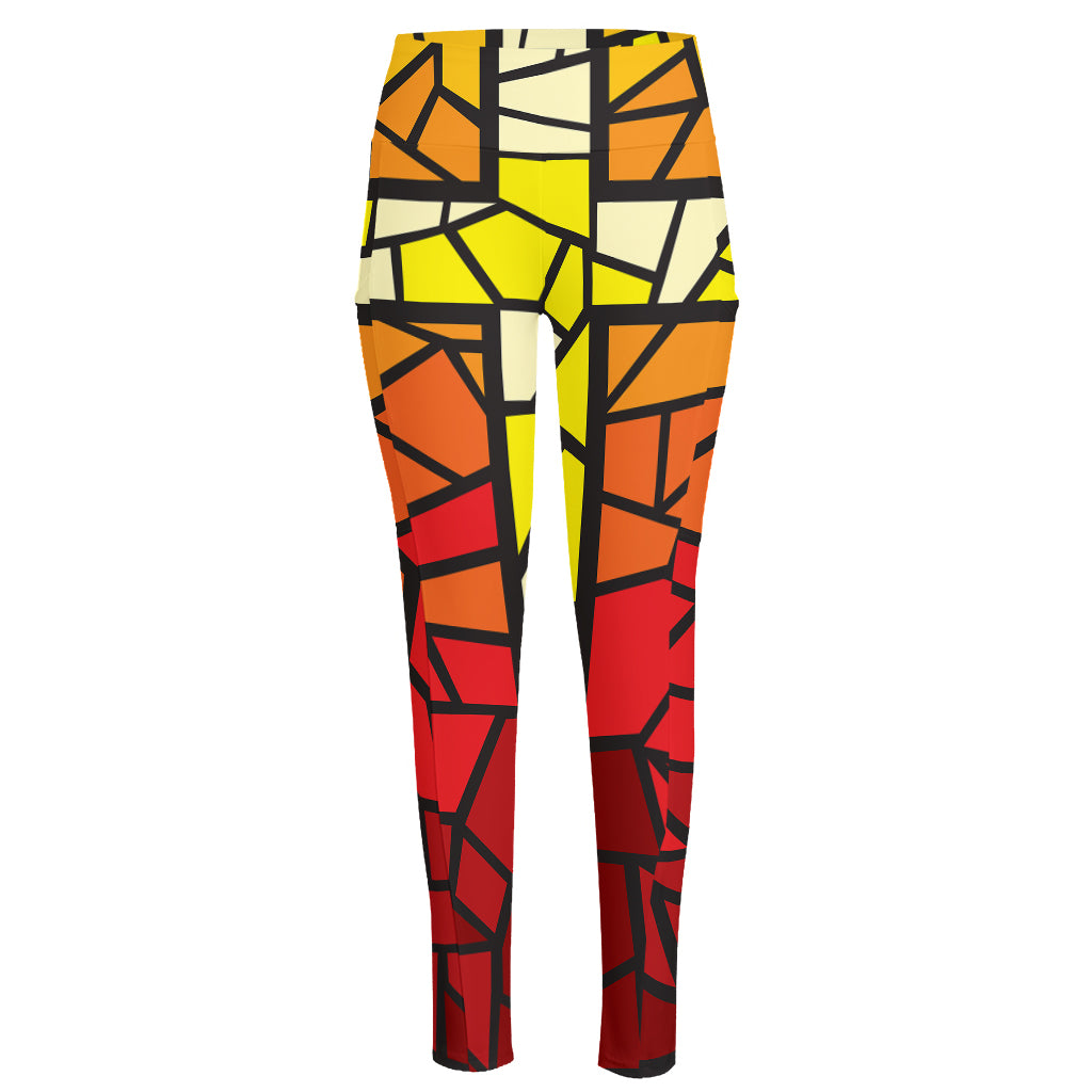 Orange And Red Stained Glass Cross Print High-Waisted Pocket Leggings