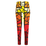 Orange And Red Stained Glass Cross Print High-Waisted Pocket Leggings