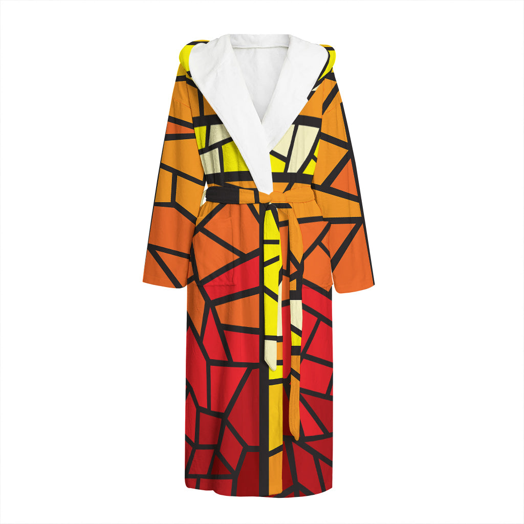 Orange And Red Stained Glass Cross Print Hooded Bathrobe