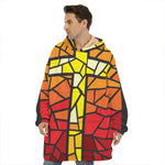 Orange And Red Stained Glass Cross Print Hoodie Blanket