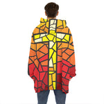 Orange And Red Stained Glass Cross Print Hoodie Blanket