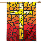 Orange And Red Stained Glass Cross Print House Flag