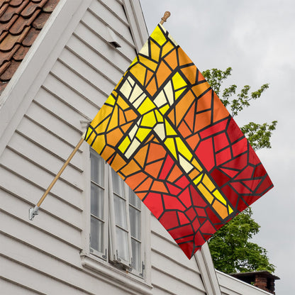 Orange And Red Stained Glass Cross Print House Flag