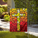 Orange And Red Stained Glass Cross Print House Flag