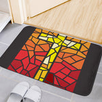 Orange And Red Stained Glass Cross Print Indoor Door Mat