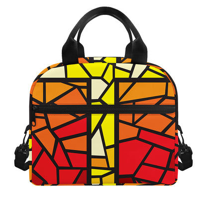 Orange And Red Stained Glass Cross Print Insulated Lunch Bag