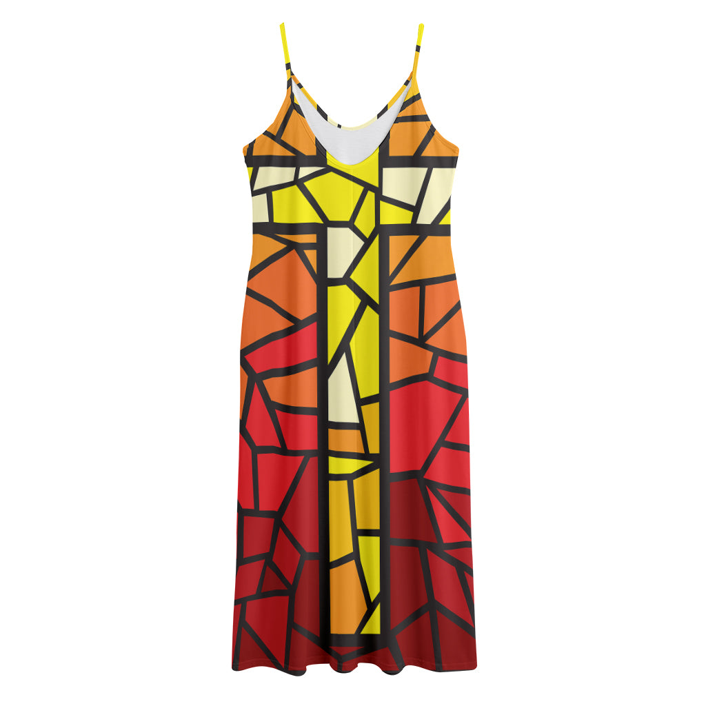 Orange And Red Stained Glass Cross Print Jersey Midi Cami Dress