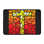 Orange And Red Stained Glass Cross Print Kitchen Mat