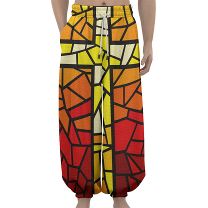 Orange And Red Stained Glass Cross Print Lantern Pants