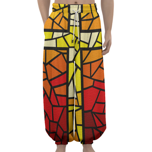 Orange And Red Stained Glass Cross Print Lantern Pants