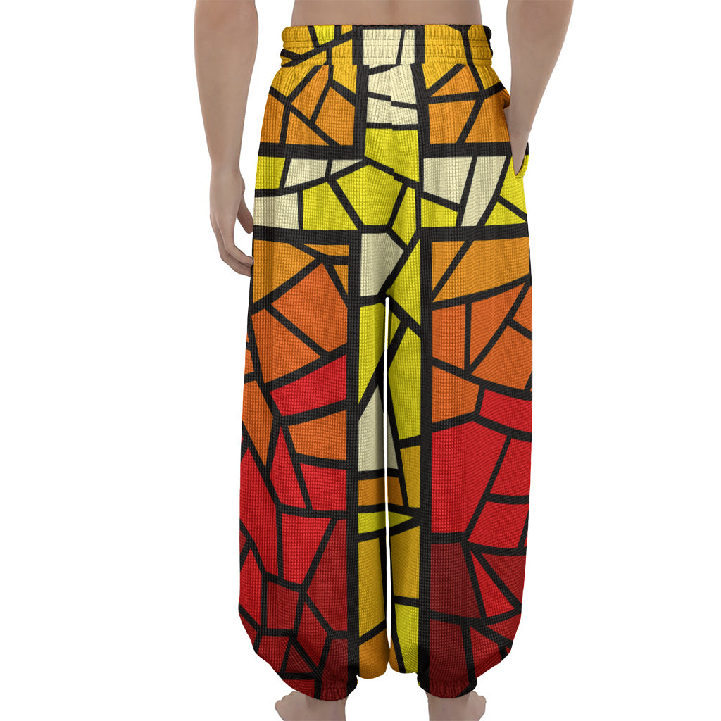 Orange And Red Stained Glass Cross Print Lantern Pants